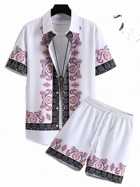 

men random paisley print shirt & drawstring waist shorts 14nw#, Gray