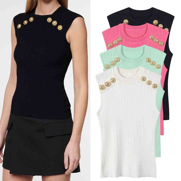 

women's tanks camis spring and summer temperament elastic ol blouse knit sleeveless vest slim fitting metal button tight hz1k, White