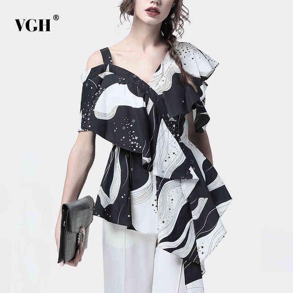 

casual print womens shirts v neck one off shoulder ruffles sleeve asymmetrical hem long blouses female summer clothing 210507, White