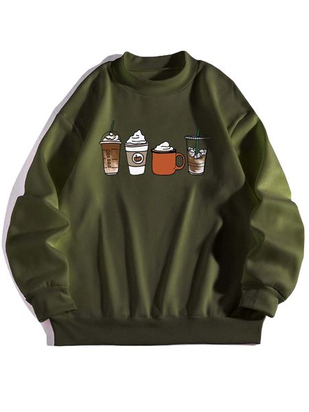 

drink & pumpkin print thermal pullover a0p7#, Black