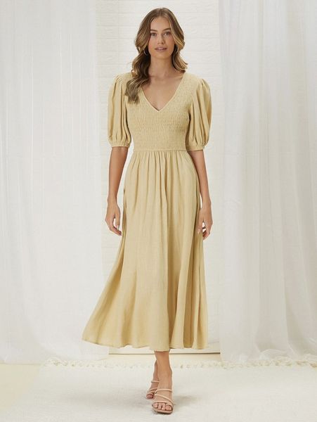 

solid puff sleeve shirred dress y8tj#, Black;gray