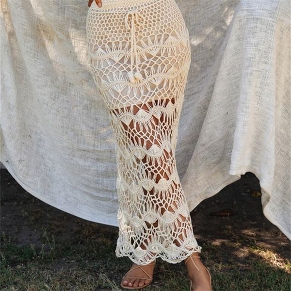 

aproms bohemia crochet kintted long maxi skirt women vintage cotton hollow out skirts ladies summer beach pencil skirts 220701, Black