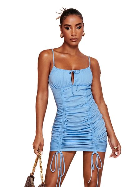 

ruched drawstring knot bodycon dress r6bn#, Black;gray