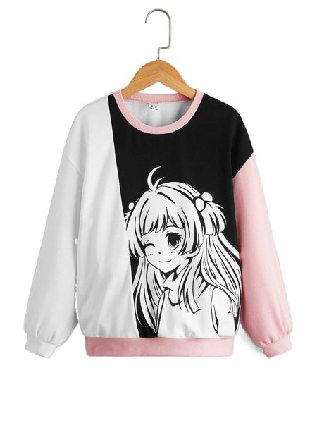 

girls figure graphic colorblock sweatshirt a7go#, Black;white