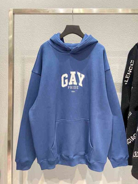 

selling tide brand balencia22ga paris fashion fleece front gay letter embroidery comfortable warm couple hoodie, Black