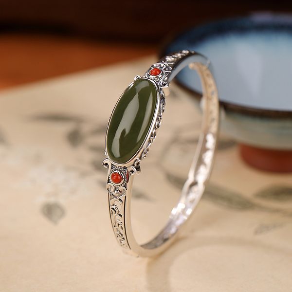 

silver s925 sterling silver natural hetian sapphire hollowed out pattern bracelet elegant temperament women's, Golden;silver