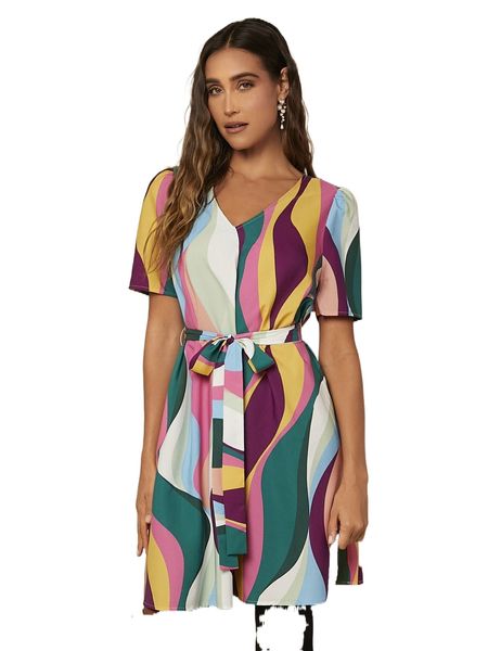 

colorblock v-neck belted dress z7si#, Black;gray