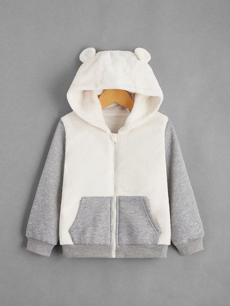 

toddler boys colorblock 3d ear design hooded flannel jacket she, Blue;gray