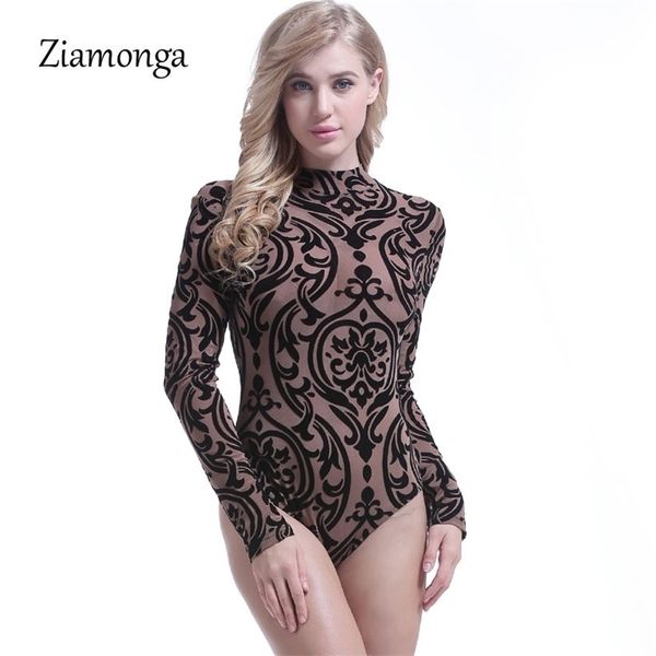 

ziamonga mesh print long sleeve transparent bodysuit women spandex black turtleneck mesh bodysuit jumpsuits rompers y200401, Black;white