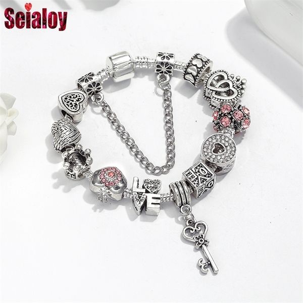 Seialoy Silber Überzogene Herz Schlüssel Anhänger Charme Armbänder Für Frauen Original Mädchen Prinzessin Krone Perlen Armband Frau Schmuck 220727