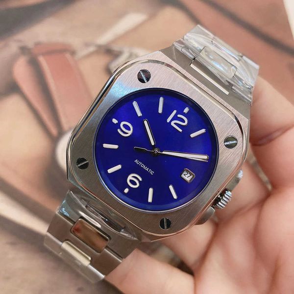 

automatic mechanical blue mens watches watch black dial with stainless steel bracelet 904l br 05 date squar case limited, Slivery;brown