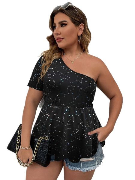 

plus star print one shoulder peplum tee m6d7#, Black