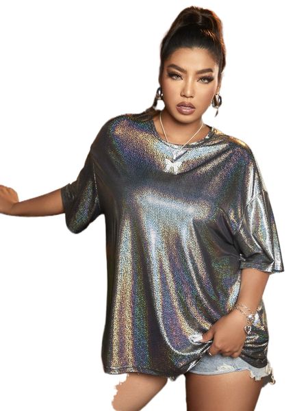 

plus holographic drop shoulder metallic tee u5a4#, Black