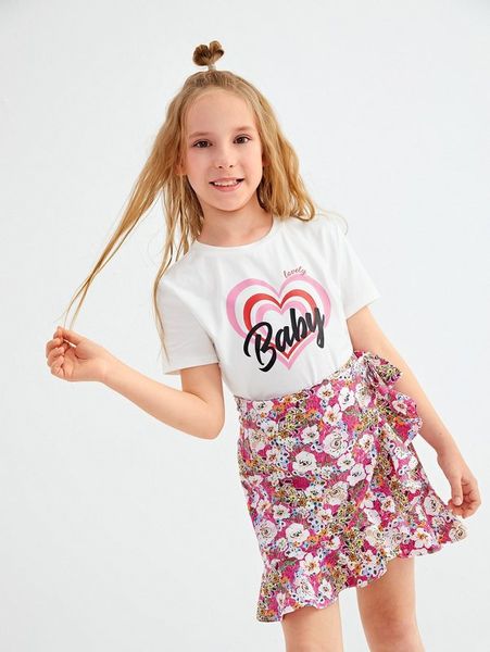 

girls letter & heart graphic tee & floral wrap knot skirt set she, White