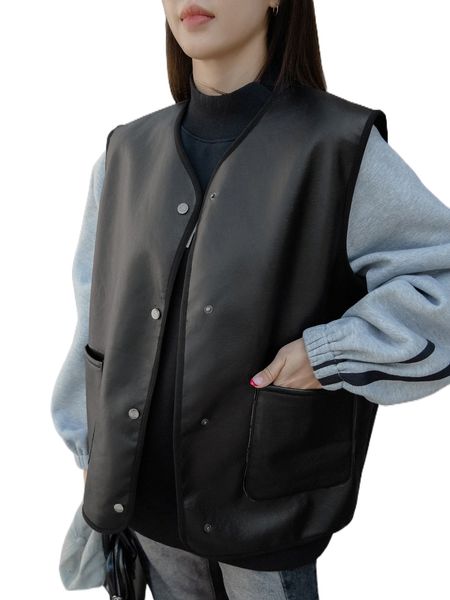 

dazy patched pocket sleeveless pu leather coat y9xz#, Black