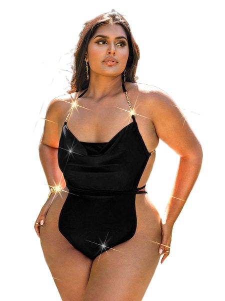

plus chain detail draped halter one piece swimsuit t5rl#, White;black