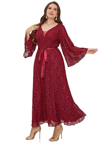 

plus contrast lace deep v neck belted dress e5dw#, Black