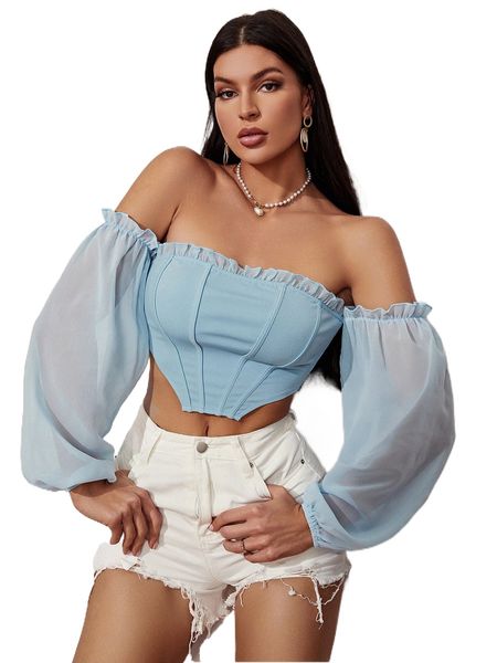 

off shoulder frill trim asymmetrical hem crop s6ln#, White
