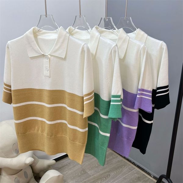 

warehouse clothing color contrast polo neck wide stripe short sleeve sweater women's spring and summer new versatile casual outlet_bpdc, White