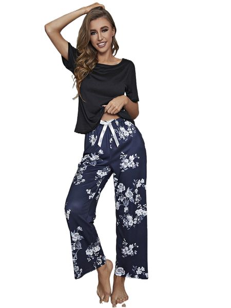 

floral print bow front pj set a9ck#, Black;red
