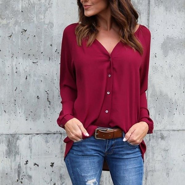 Blouses feminina camisas da primavera Mulher de manga comprida Camisa de cor sólida Blusa de chiffon para mulheres botão casual up Wine Black Redwomen's Redingwomen's