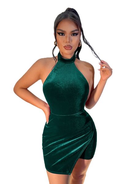 

backless wrap velvet halter bodycon dress z7rg#, Black;gray