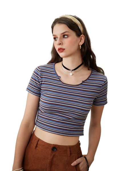 

romwe striped crop tee q2rs#, White