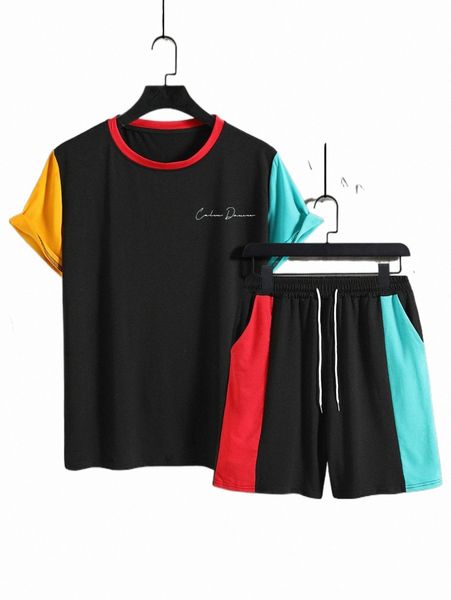 

men letter graphic colorblock tee & shorts 13vp#, Gray