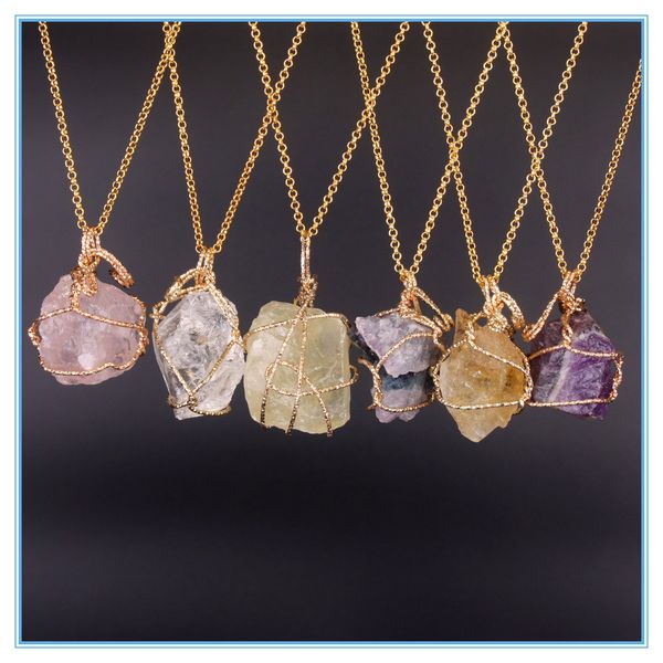 

irregular natural stone necklaces gold chain wire wrapped punk necklace women jewelry rose quartz healing crystals pendant necklace, Silver