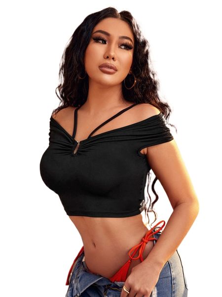 

sxy solid u-ring linked cold shoulder crop tee u9tk#, White