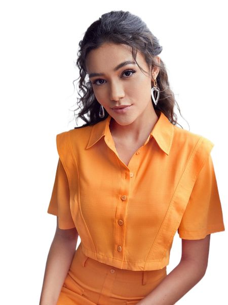 

solid button front crop blouse s7kf#, White