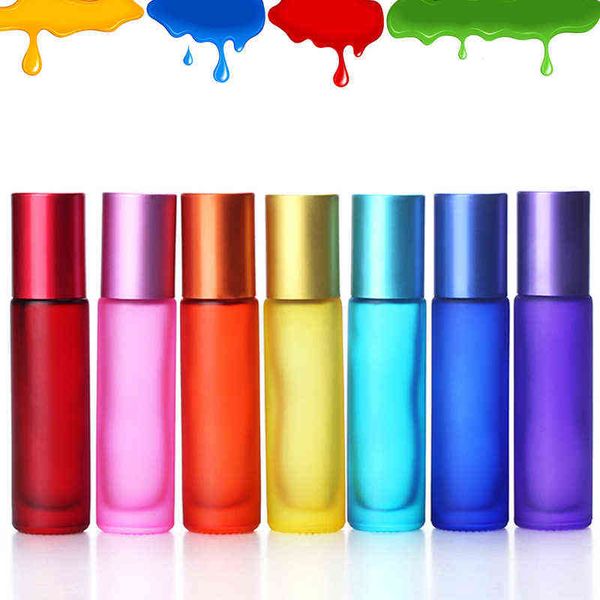 

10pc 10ml portable frosted colorful thick glass roller essential oil bottles travel refillable rollerball vial y220428