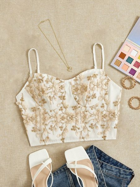 

floral embroidery cami i2a6#, White