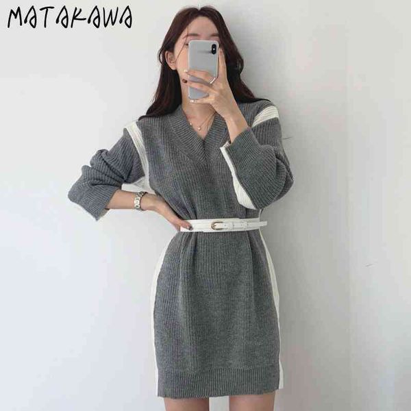 

slim color matching vestidos korean chic temperament vneck femme robe aline knitted sweater dress women with belt 210506, Black;gray