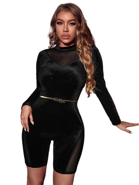 

contrast mesh velvet unitard romper without belt 98cq#, Black;white