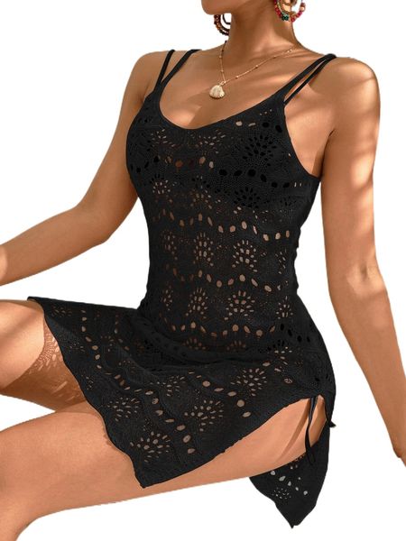 

hollow out split hem cover up dress without bikini 72j1#, White;black