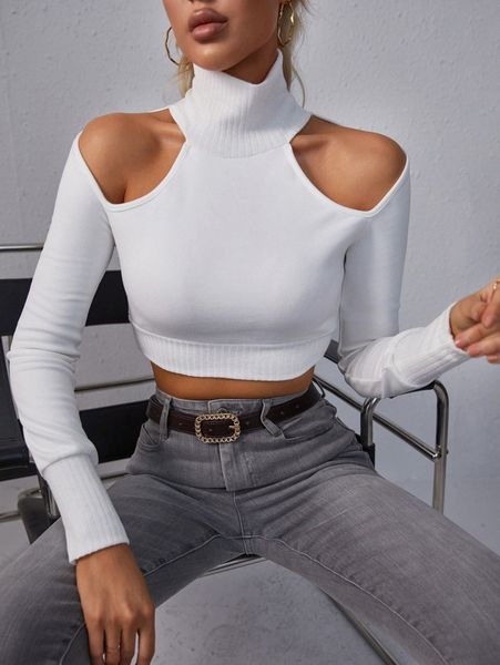 

high neck cold shoulder crop tee t6kw#, White