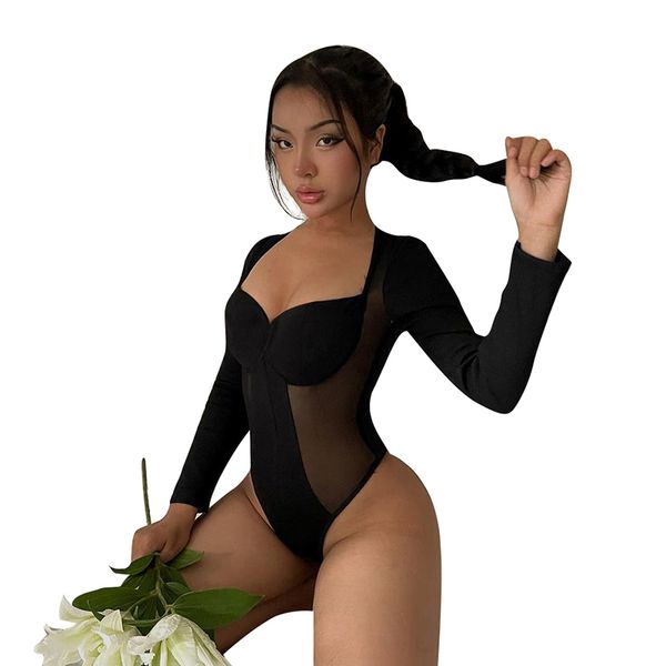 

women jumpsuits rompers long sleeves onesies mesh see through jumpsuit bodysuit leotard, Black;white