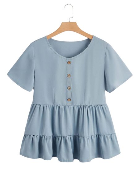 

plus fake button smock blouse z5bo#, Black