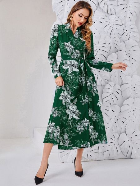 

floral print belted shawl neck dress f6zh#, Black;gray