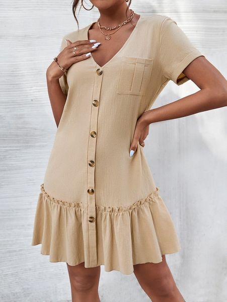 

pocket patched ruffle hem dress l6e5#, Black;gray