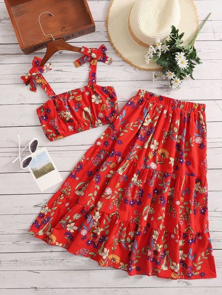 

girls knot strap floral print cami & skirt set she, White
