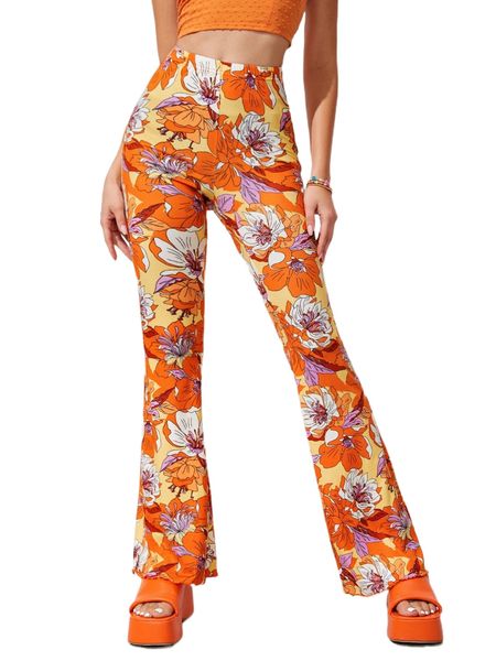 

high waist floral print flare leg pants b3ds#, Black;white