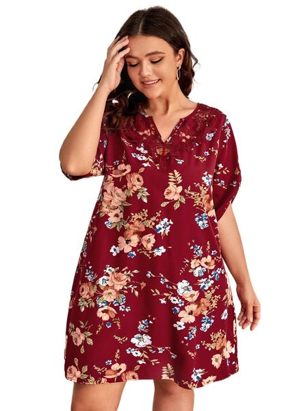 

plus floral print lace insert dress l7gg#, Black