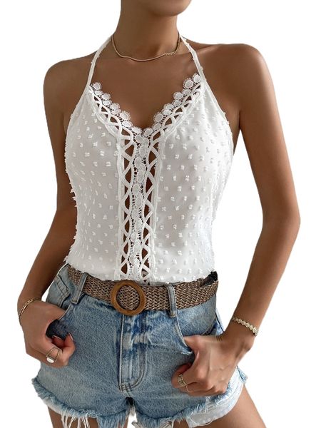 

swiss dot lace insert tie backless halter h40a#, White