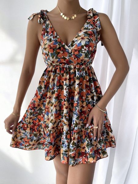 

knot shoulder allover floral print cami dress s4p0#, Black;gray