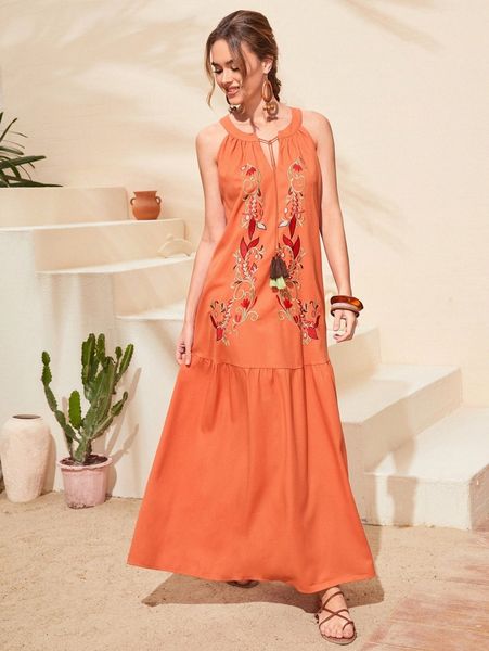 

tie neck floral embroidery tassel detail smock dress y5he#, Black;gray