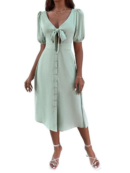 

puff sleeve knotted button front dress v1a2#, Black;gray