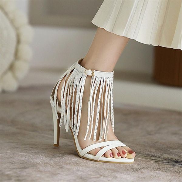 

sandals fringe women high heels 2022 ladies summer shoes pumps large size 50, Black