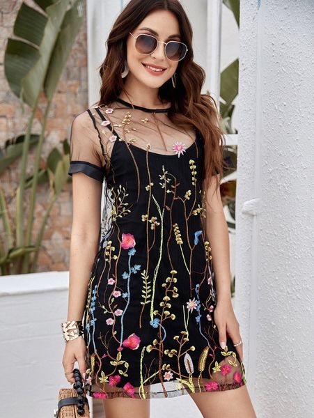 

floral embroidery mesh dress without camisole a8yi#, Black;gray